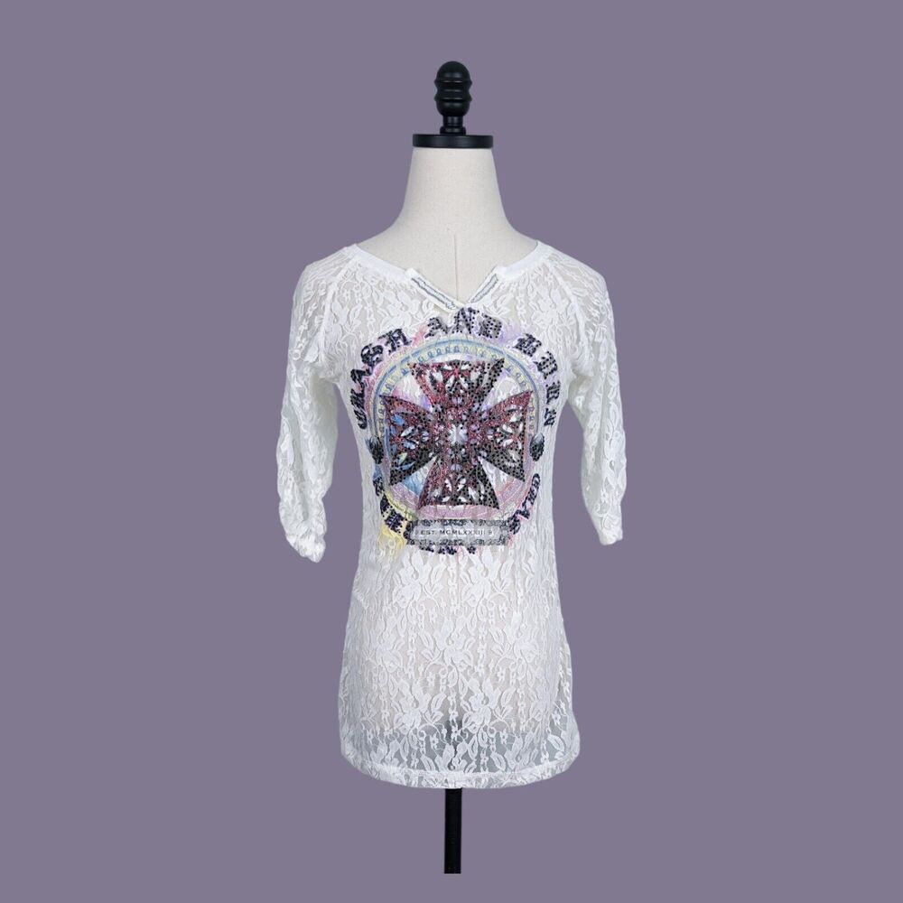 Vintage Y2K Lace Top Shirt S Cream White Sheer Rhinestone Stud Sleeve Bling